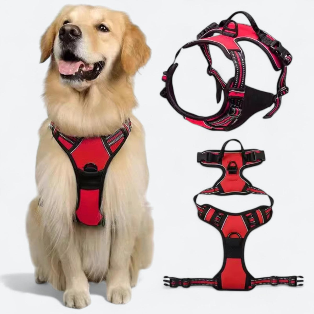 Reflective dog harness and leash set with handle
