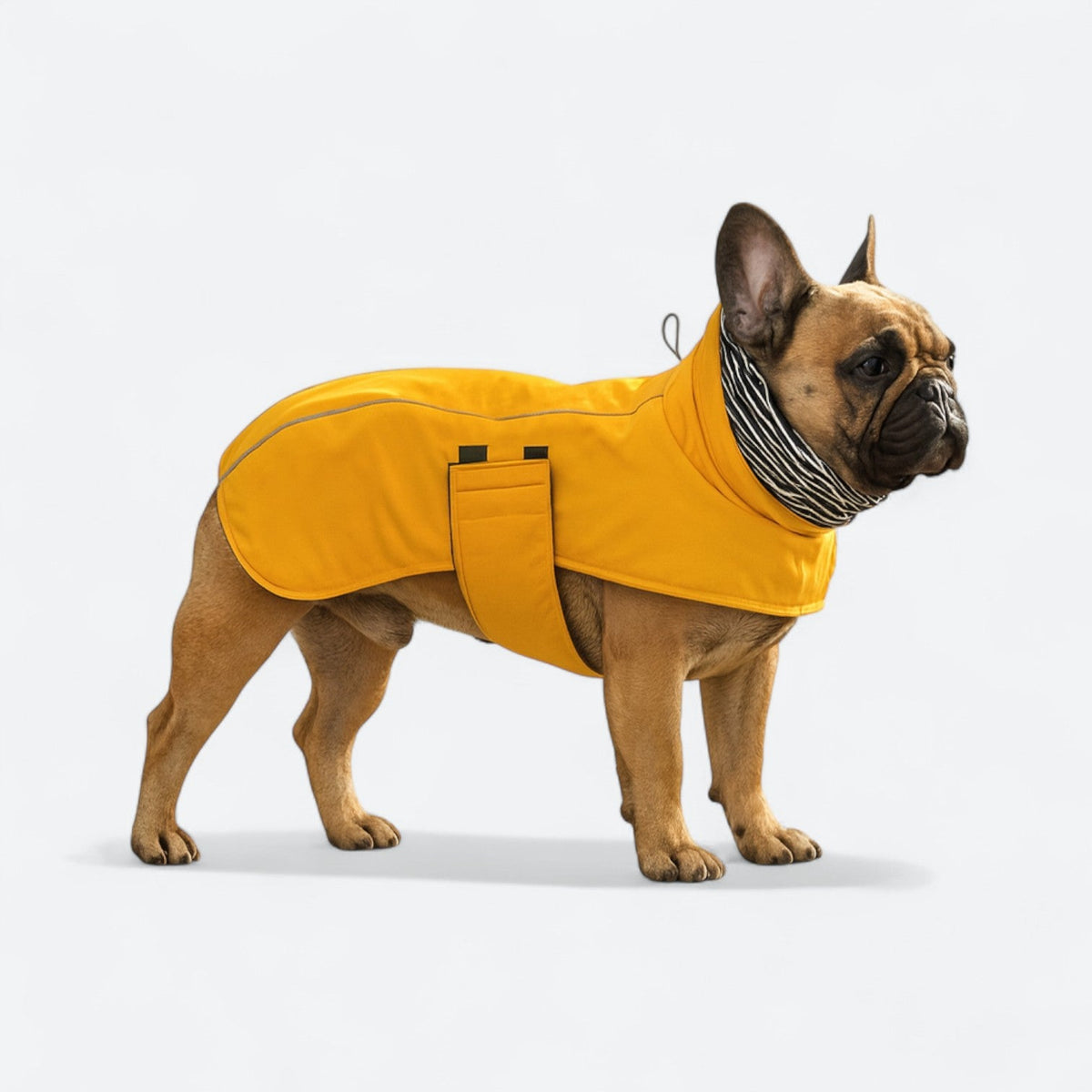 Dog wearing a reflective winter jacket