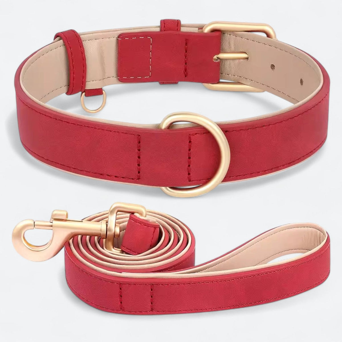 Soft leather dog collar and leash set