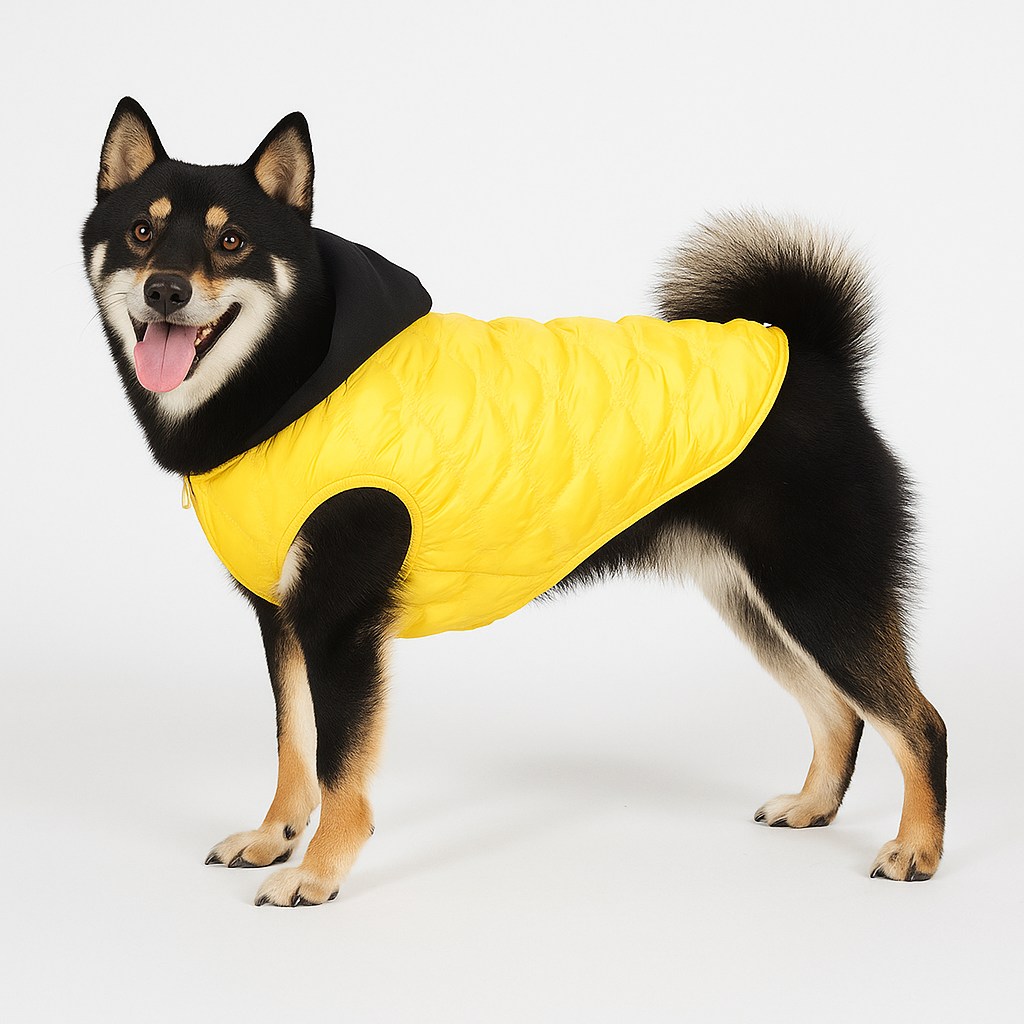 Dog wearing a spot-embossed hooded coat
