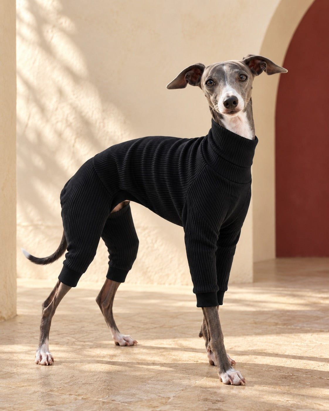 Black Cotton Four-Leg Iggy Onesie, worn by an Italian Greyhound