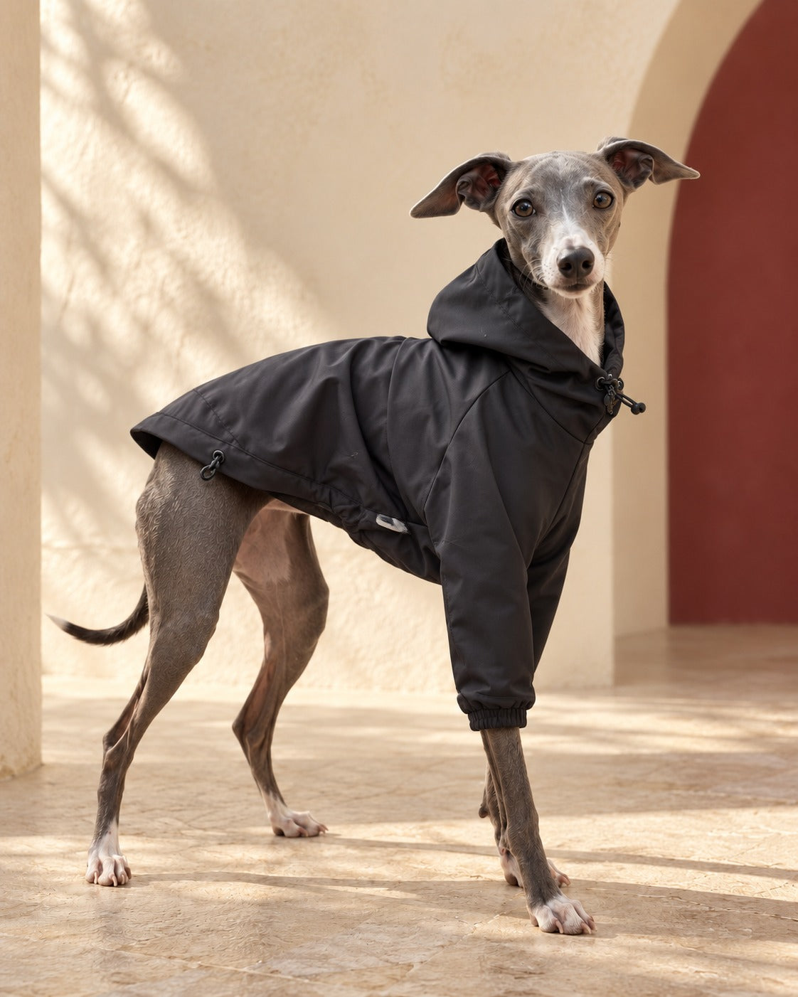 Black Hooded Iggy Anorak in Black, worn by an Italian Greyhound
