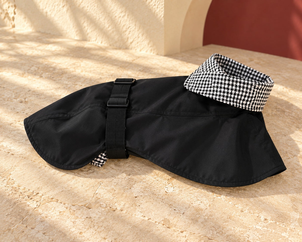 Black Iggy Cape with Check Collar in Black, garment detail
