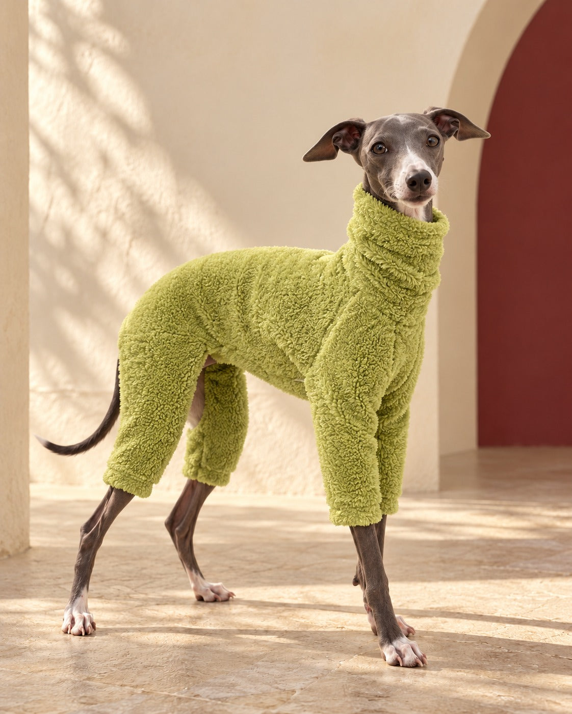 Chartreuse Teddy Fleece Iggy Suit, worn by an Italian Greyhound