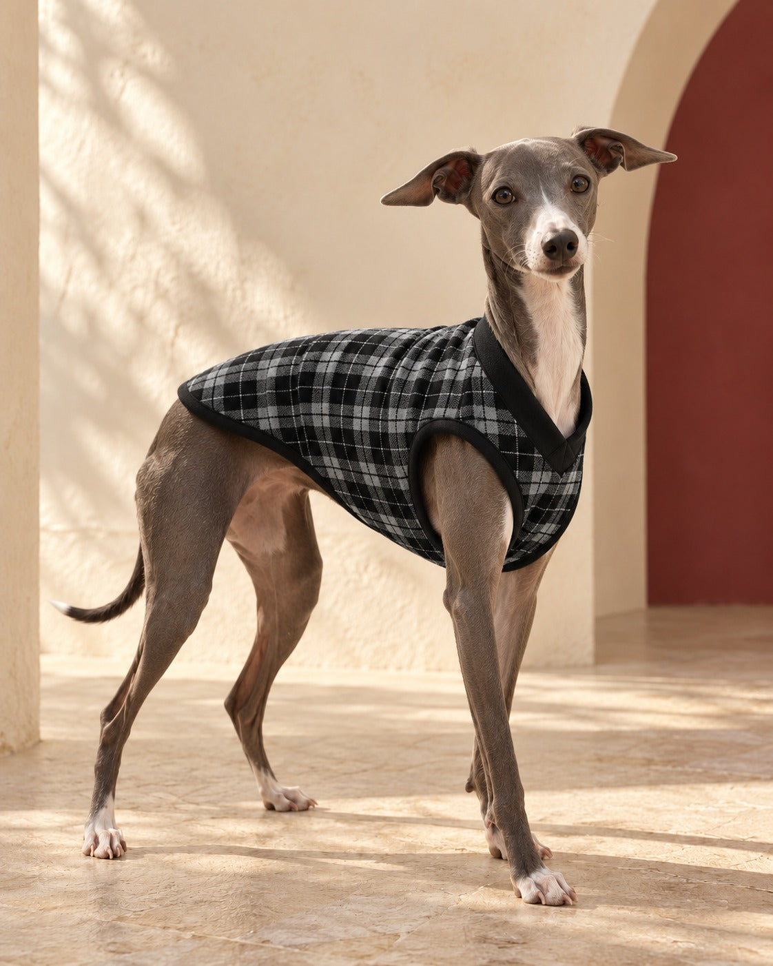Check V-Neck Iggy Vest in Black, worn by an Italian Greyhound