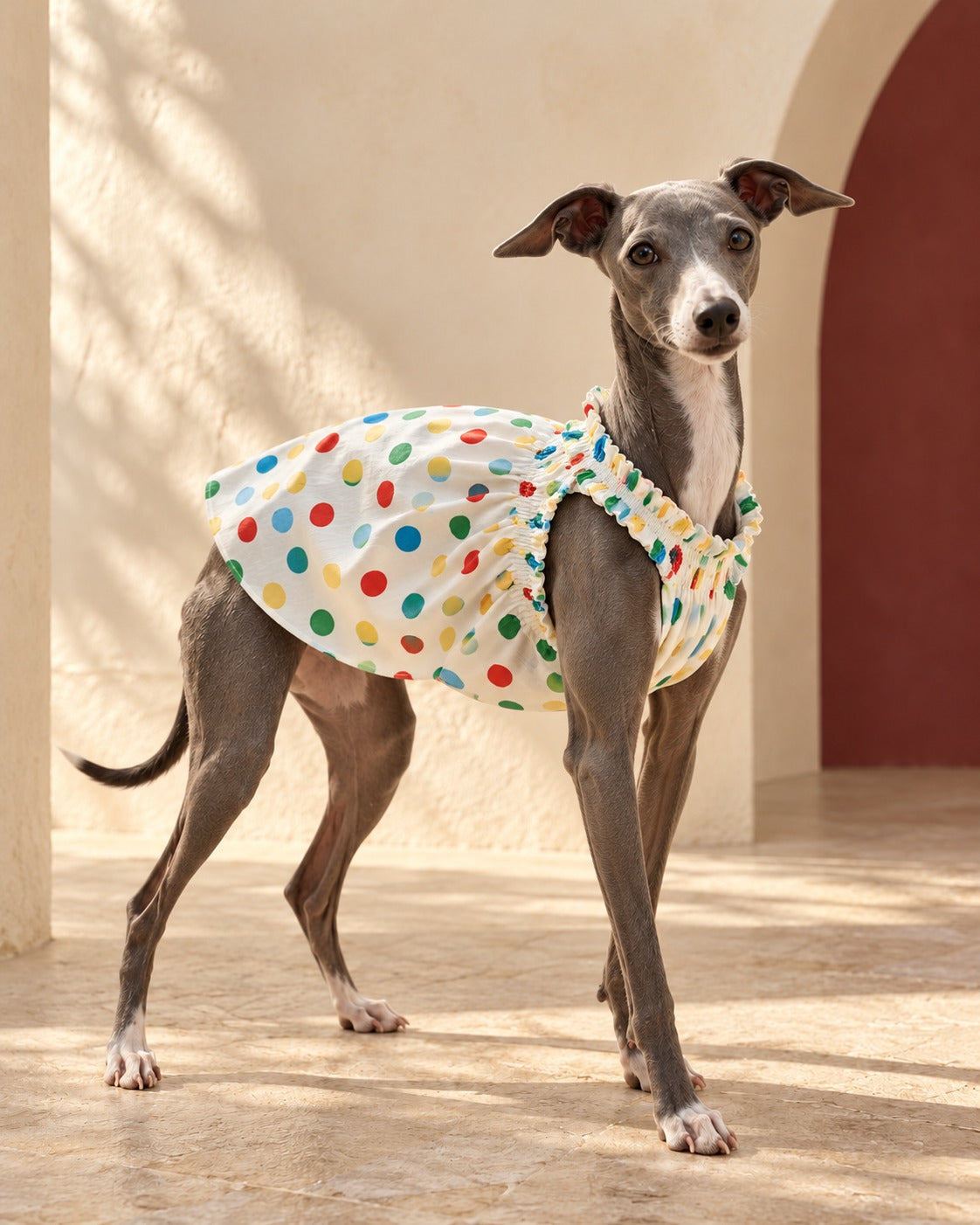 Colourful Dot Cotton Iggy Dress, worn by an Italian Greyhound