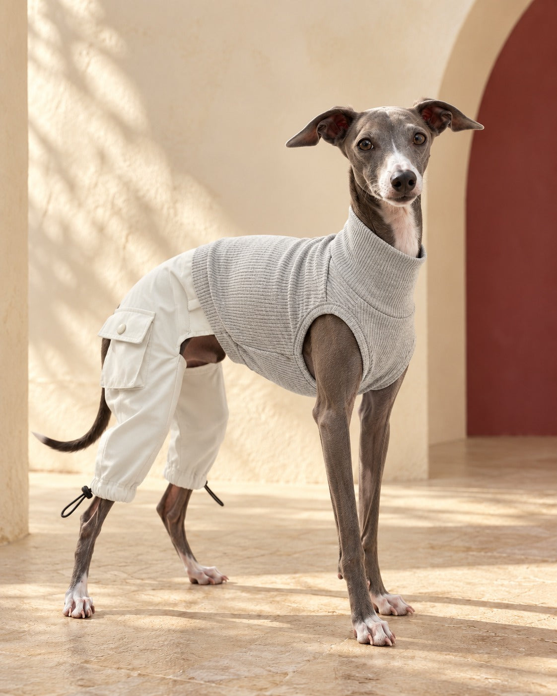 Cotton Iggy Utility Overalls in Heather Grey, worn by an Italian Greyhound