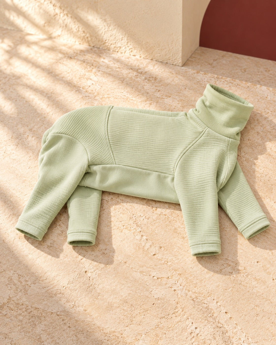 Covered-Belly Four-Leg Iggy Base Layer in Soft Green, garment detail