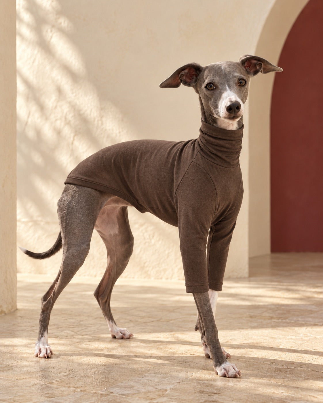 Dark Brown Cotton Iggy Turtleneck in Dark Brown, worn by an Italian Greyhound