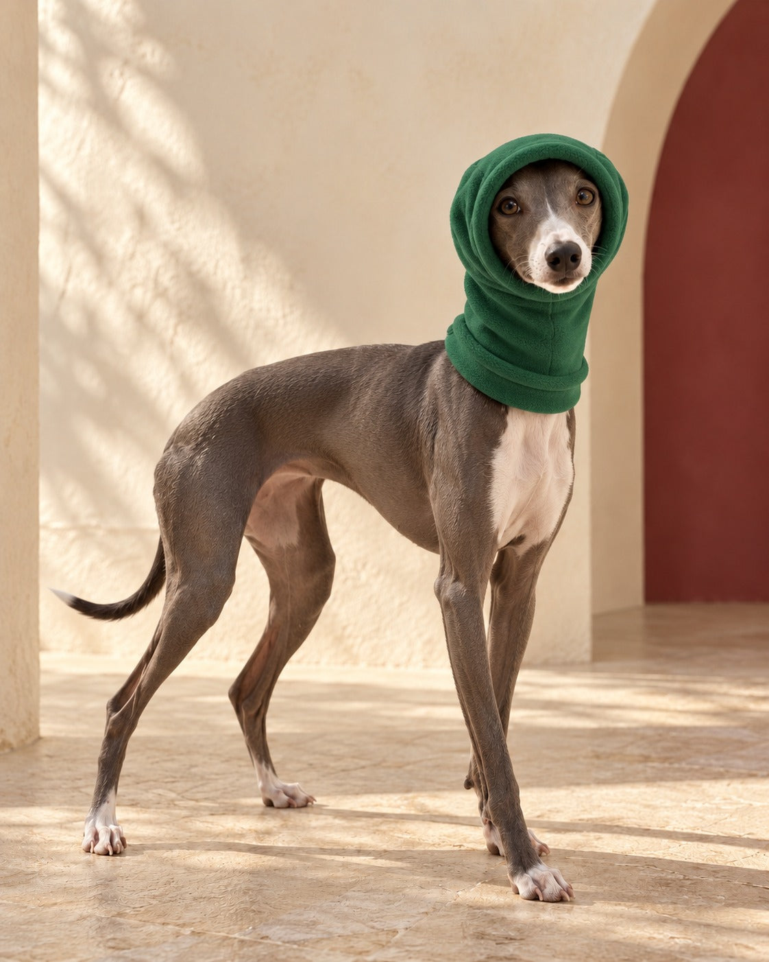 Fleece-Lined Iggy Snood Hood in Bright Green, worn by an Italian Greyhound