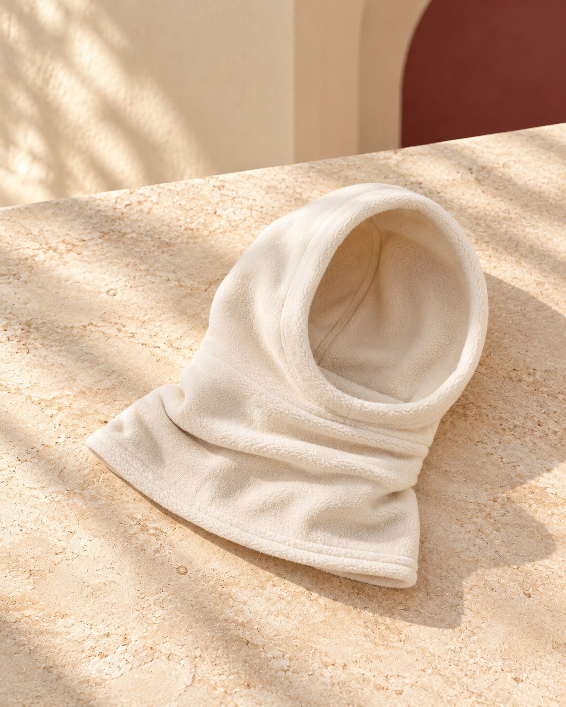 Fleece-Lined Iggy Snood Hood in Cream, garment detail