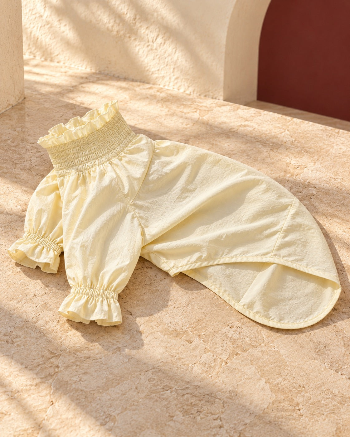 Gathered Puff-Sleeve Iggy Summer Shirt in Cream Yellow, garment detail
