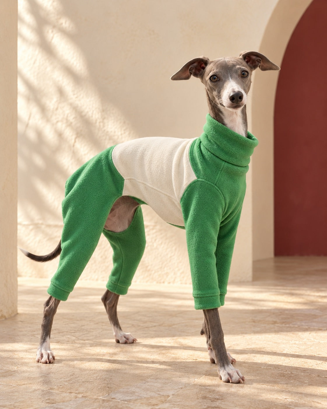 Green & Cream Four-Leg Iggy Suit, worn by an Italian Greyhound