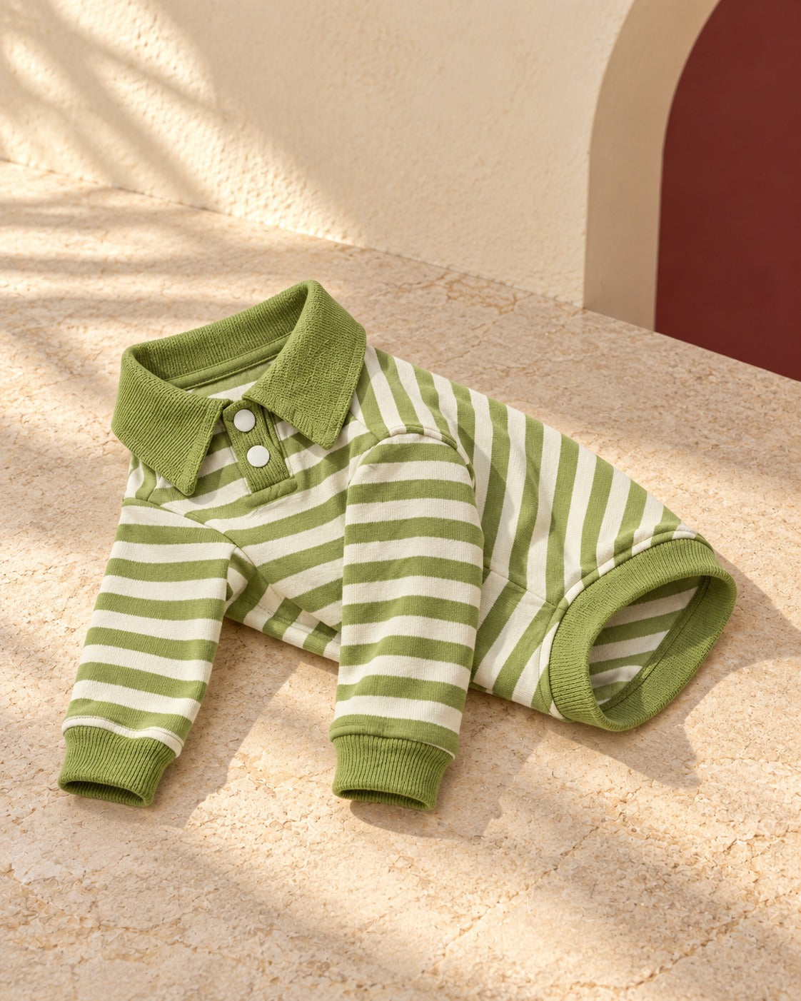 Green Stripe Cotton Iggy Polo in Avocado Green, garment detail