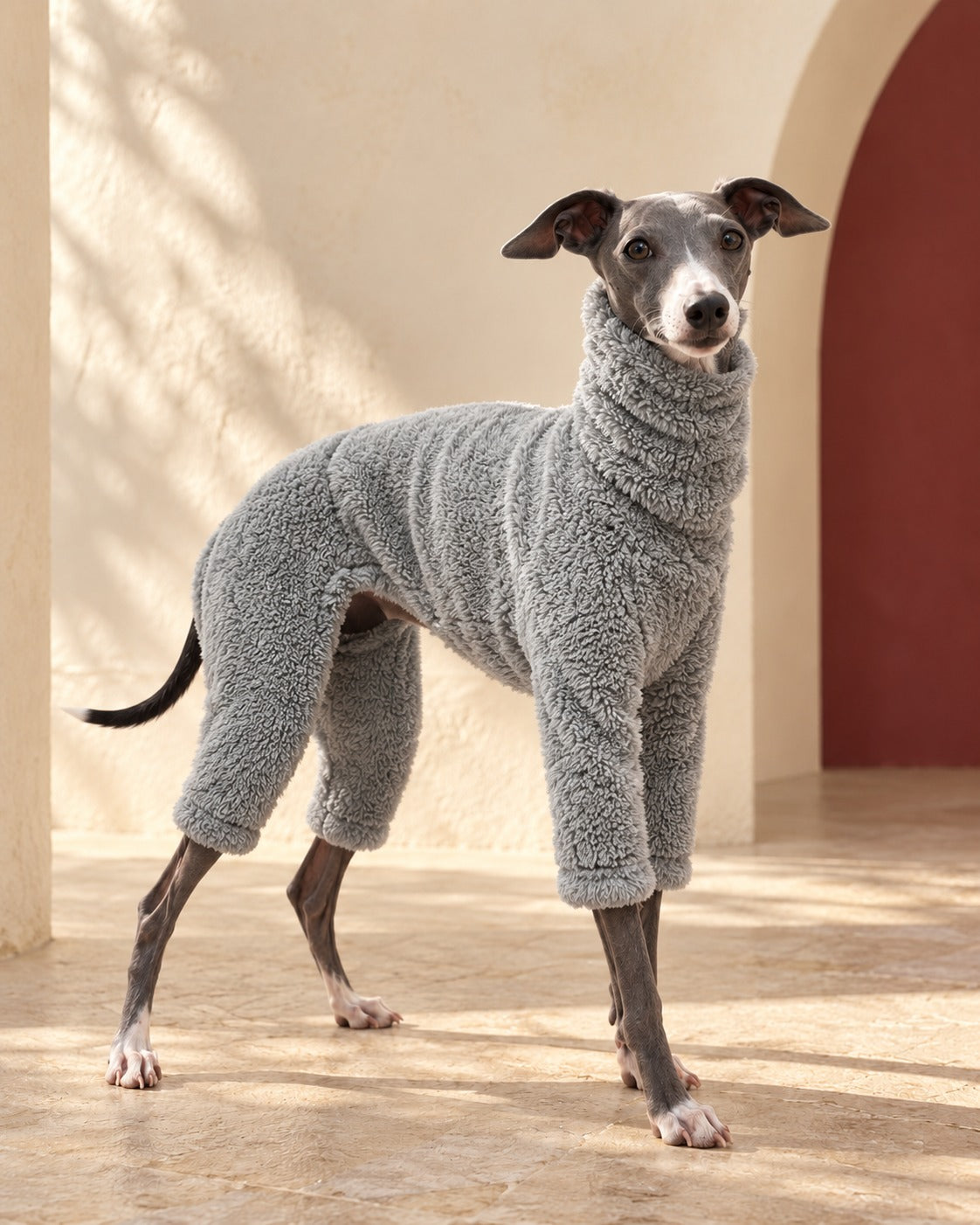 Grey Teddy Fleece Iggy Onesie, worn by an Italian Greyhound