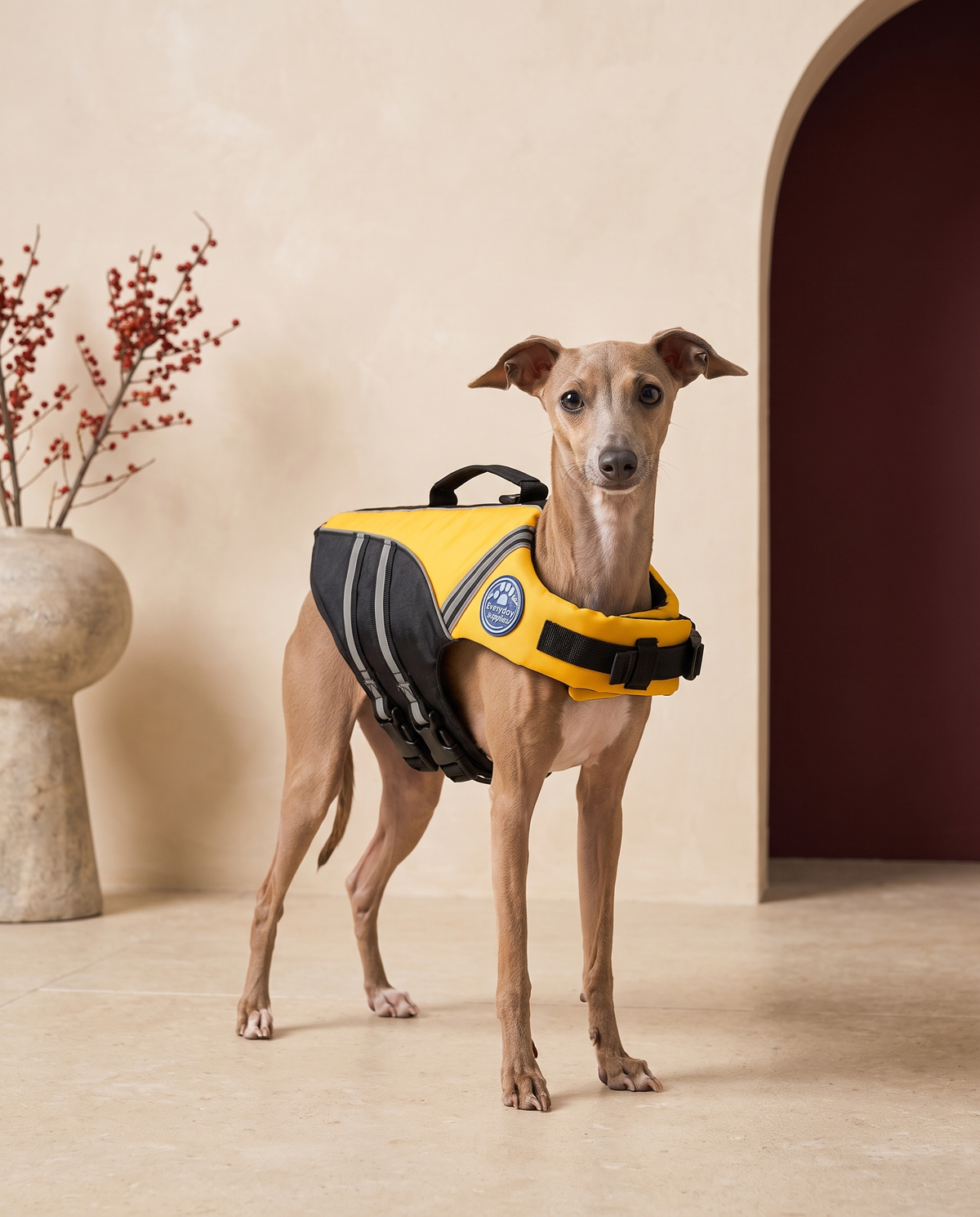 Italian Greyhound wearing the Iggy Grey reflective life vest with rescue handle