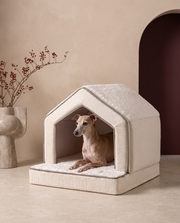 Italian Greyhound resting in the Iggy Grey winter snow house bed