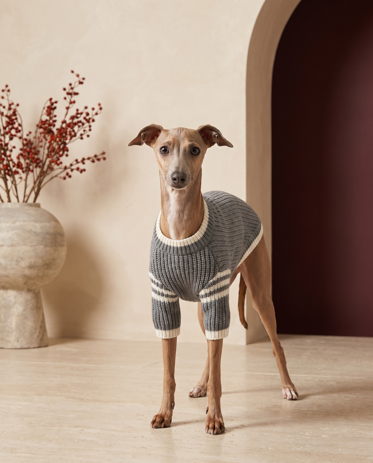 Italian Greyhound wearing the Iggy Grey classic ribbed knitted sweater