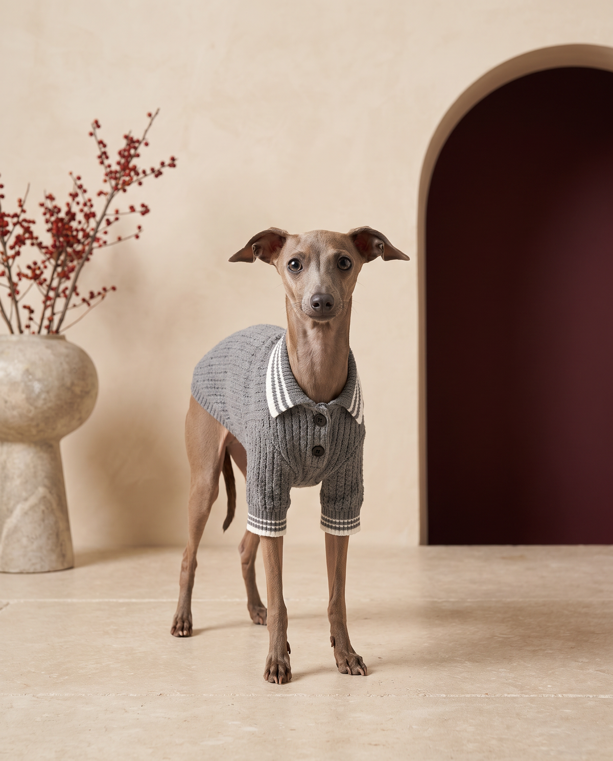 Italian Greyhound wearing the Iggy Grey cozy knit polo sweater