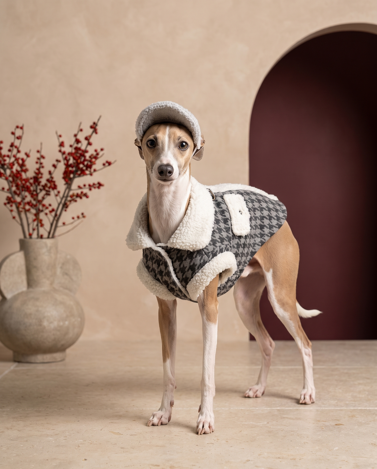 Italian Greyhound wearing the Iggy Grey luxury houndstooth winter coat with hat