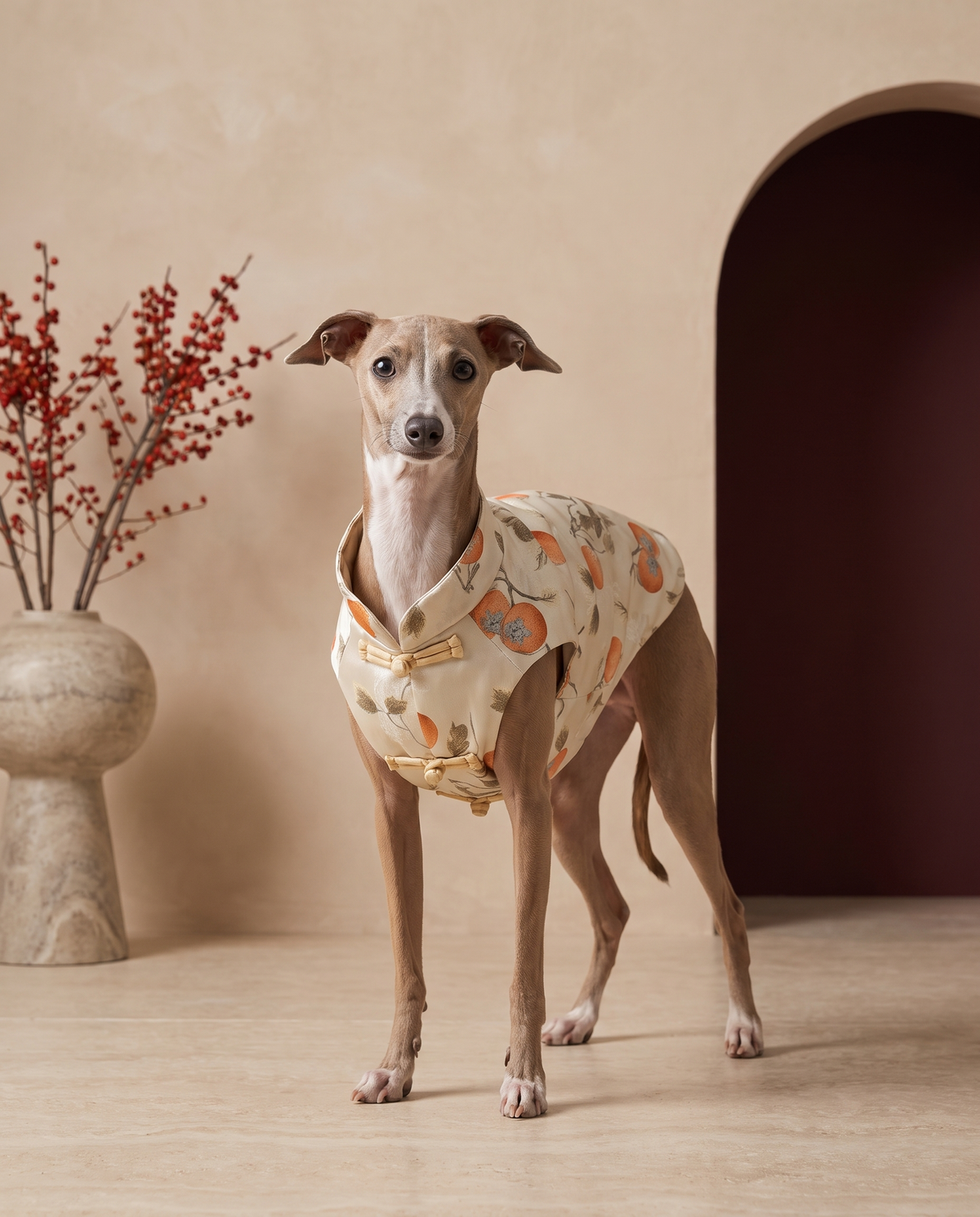 Italian Greyhound wearing the Iggy Grey elegant chinese-style vest