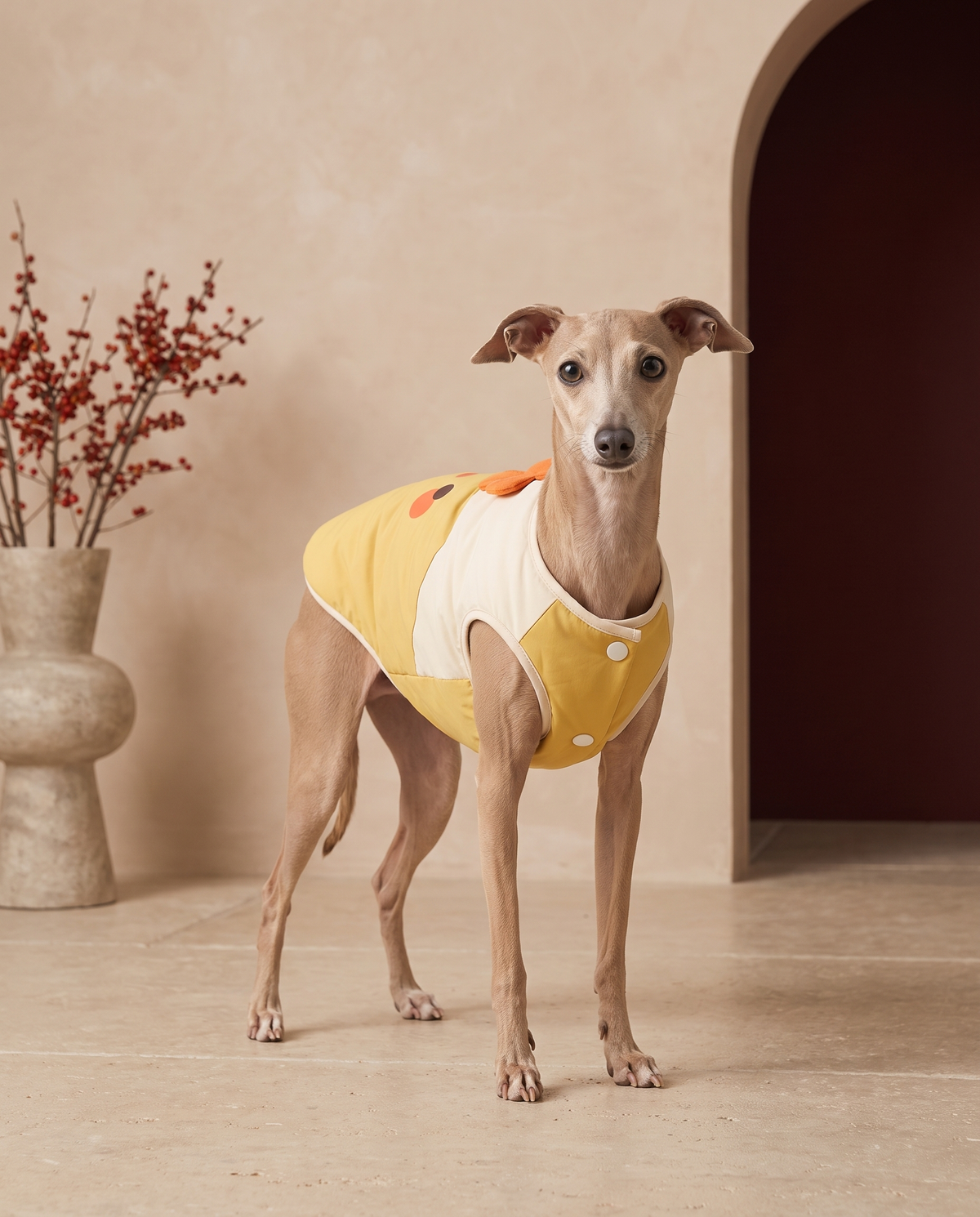 Italian Greyhound wearing the Iggy Grey warm fleece-lined cartoon vest