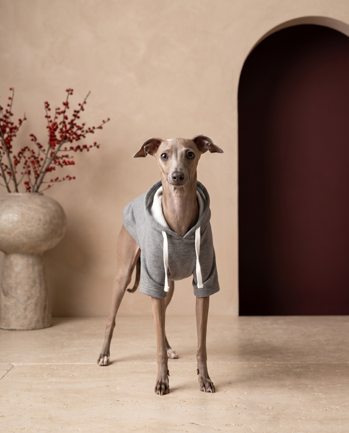 Italian Greyhound wearing the Iggy Grey stylish hoodie with leash hook