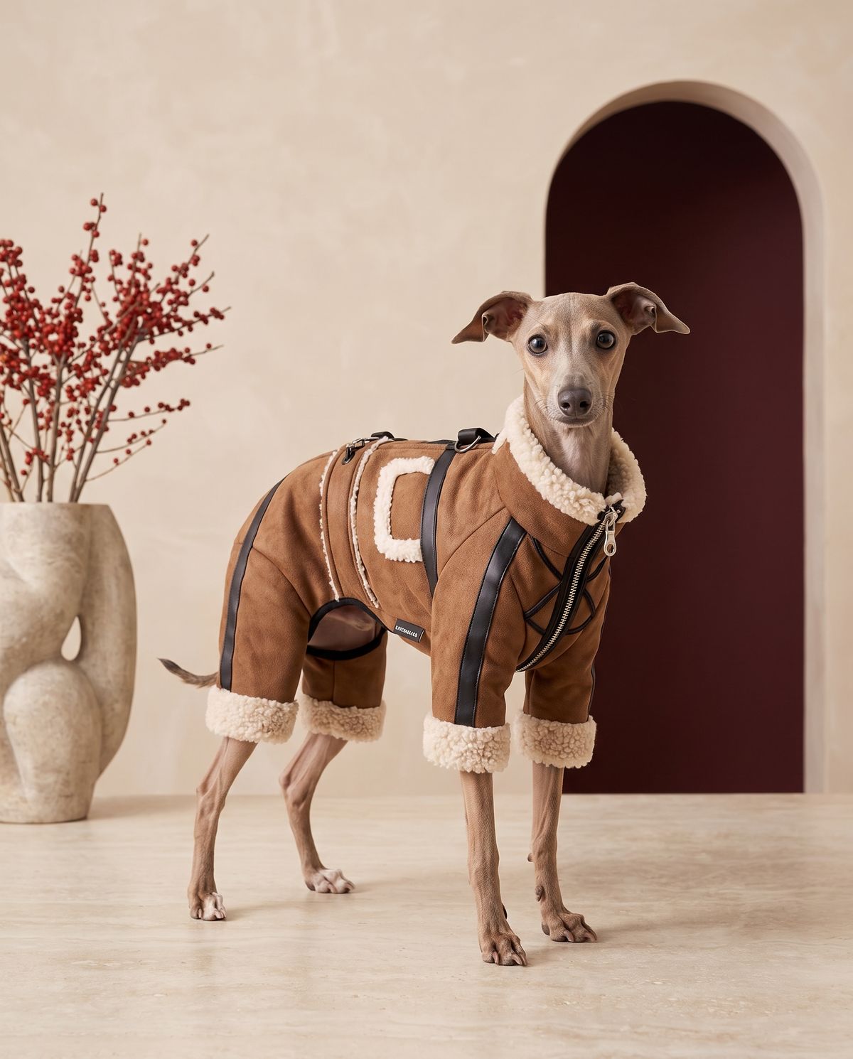 Italian Greyhound wearing the Iggy Grey premium shearling-lined jumpsuit