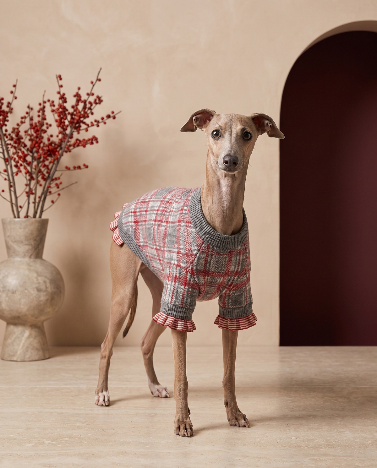Italian Greyhound wearing the Iggy Grey cozy plaid ruffle sweater
