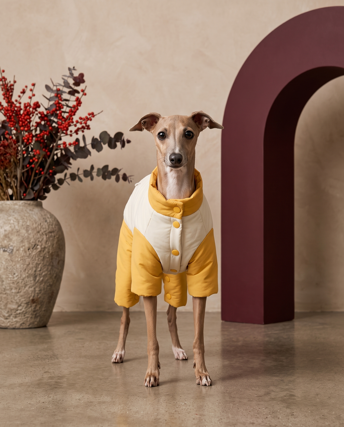 Italian Greyhound wearing the Iggy Grey color-block winter coat