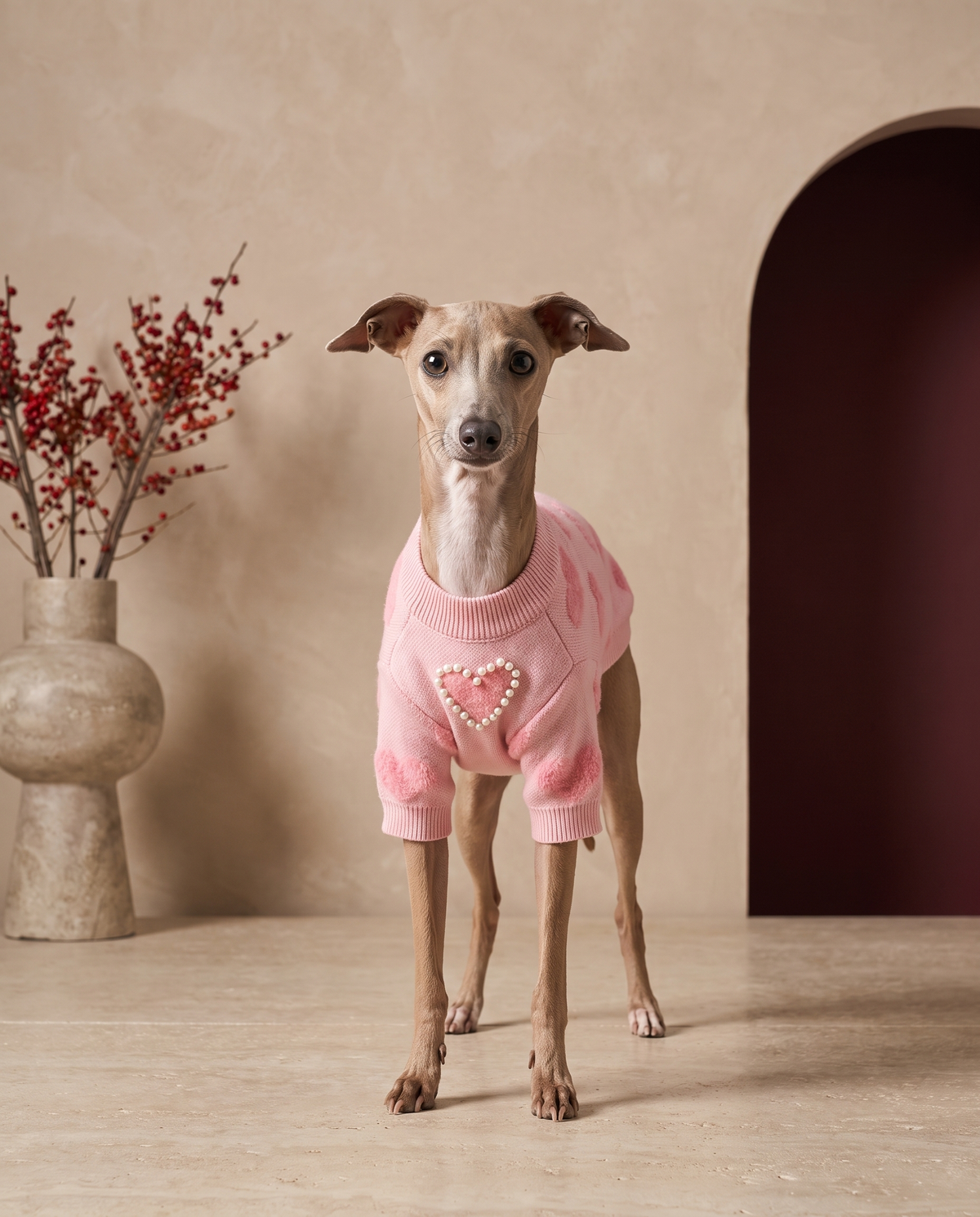 Italian Greyhound wearing the Iggy Grey pearl heart knitted sweater