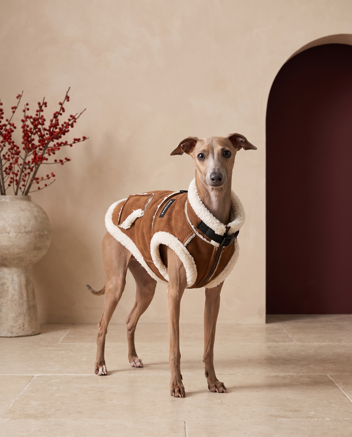 Italian Greyhound wearing the Iggy Grey sherpa-lined winter vest