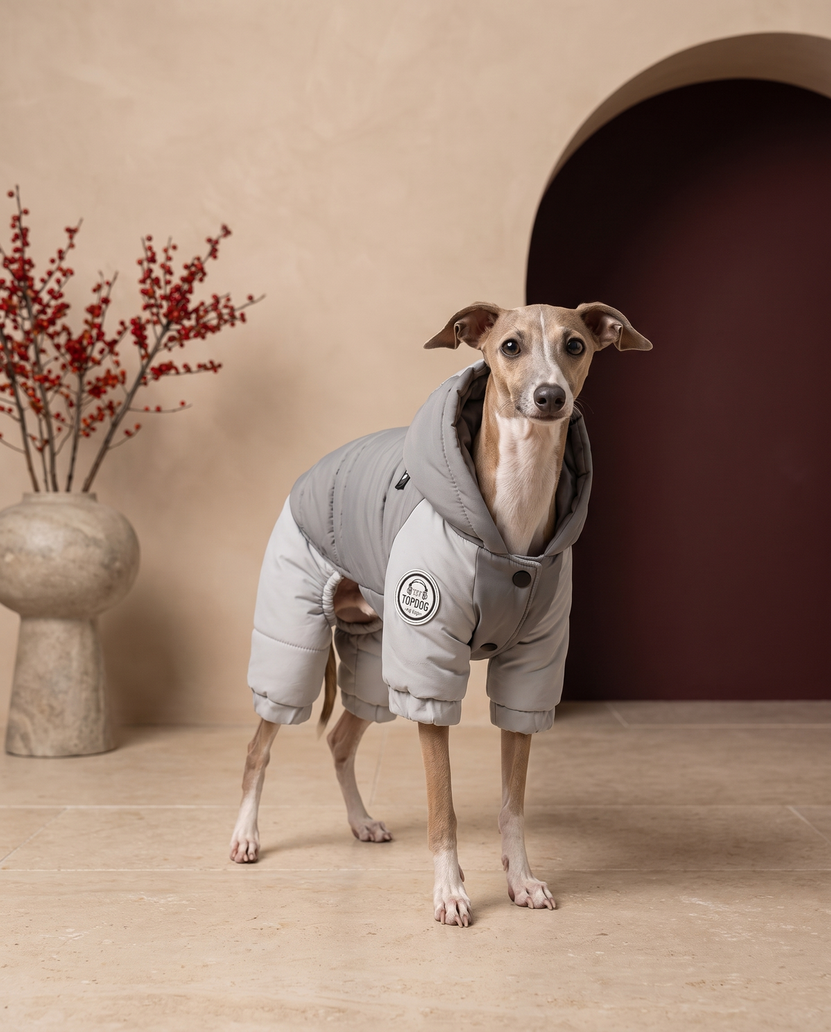 Italian Greyhound wearing the Iggy Grey waterproof hooded jacket with leash ring