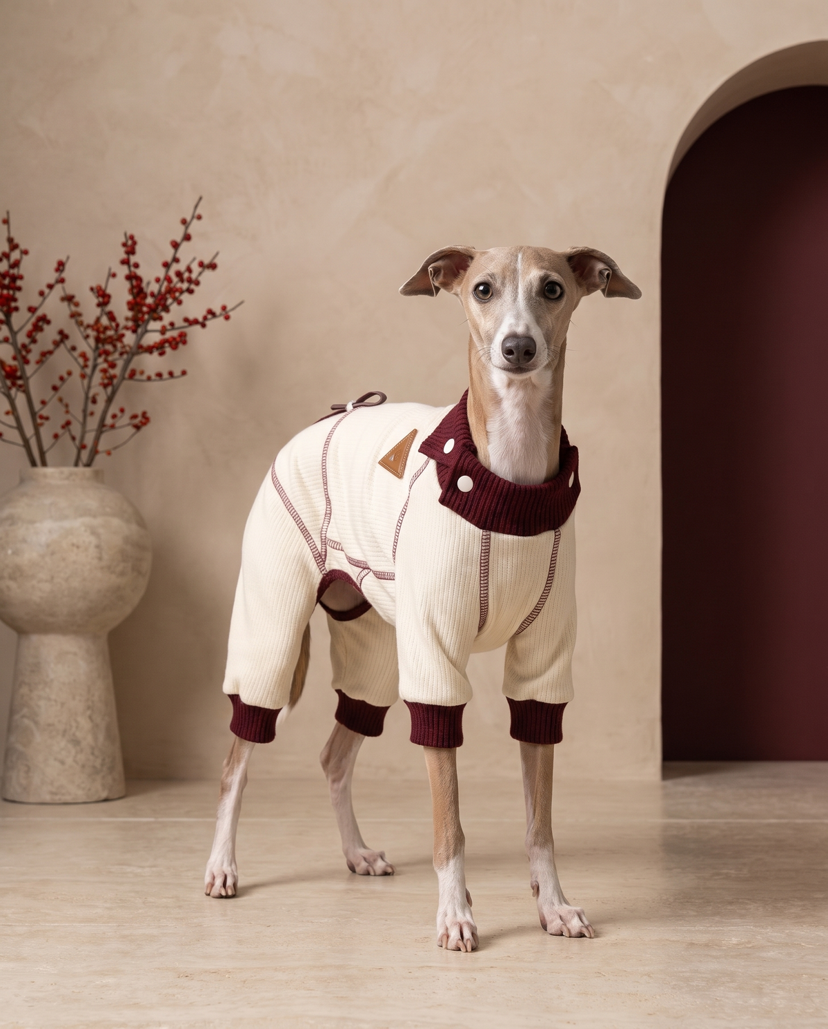 Italian Greyhound wearing the Iggy Grey adjustable warm velvet jumpsuit