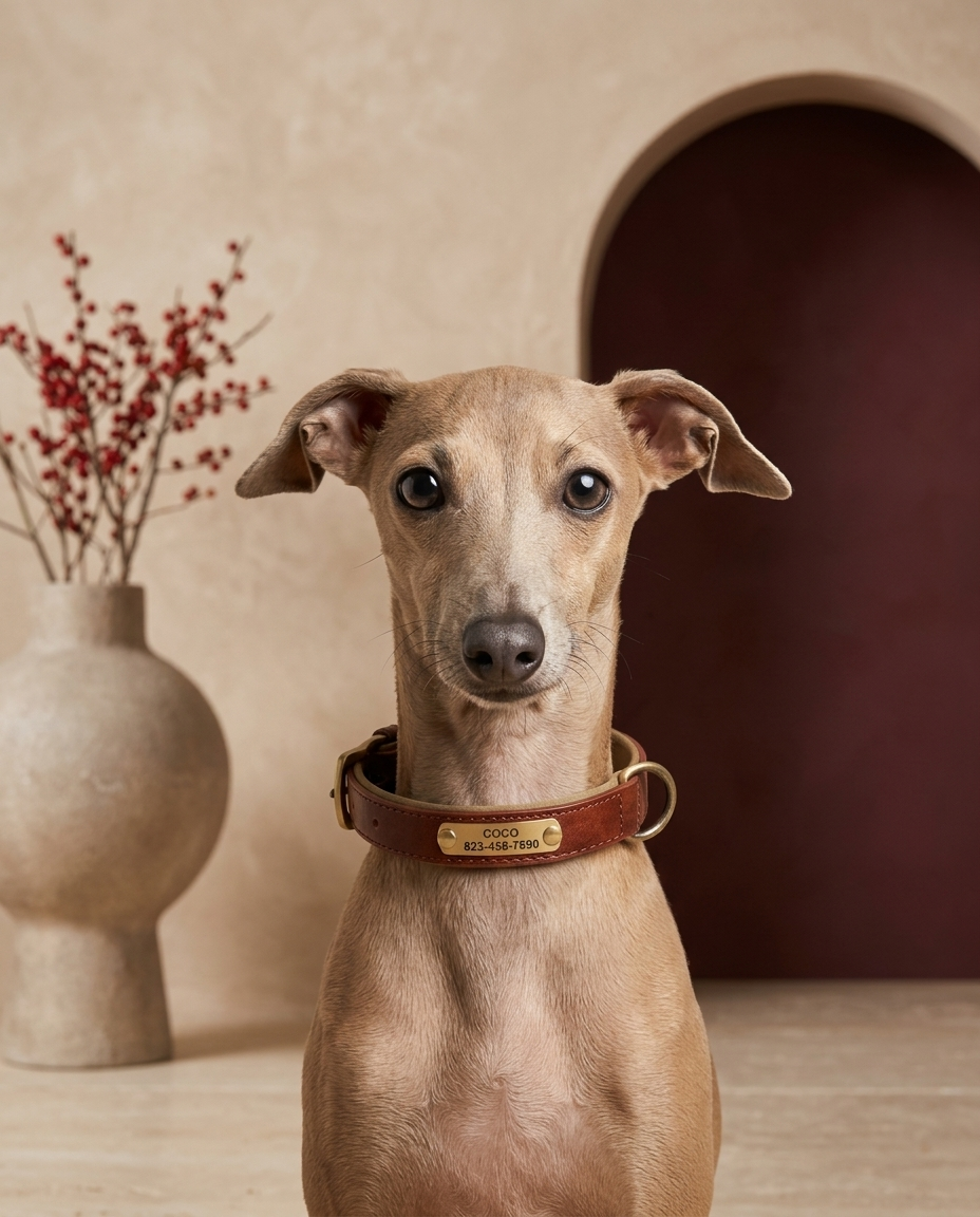 Italian Greyhound wearing the Iggy Grey engraved leather collar