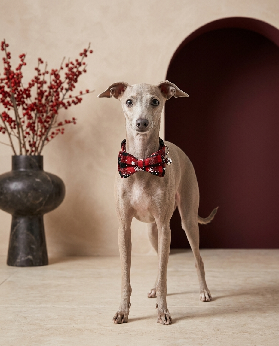Italian Greyhound wearing the Iggy Grey snowflake holiday collar and bell