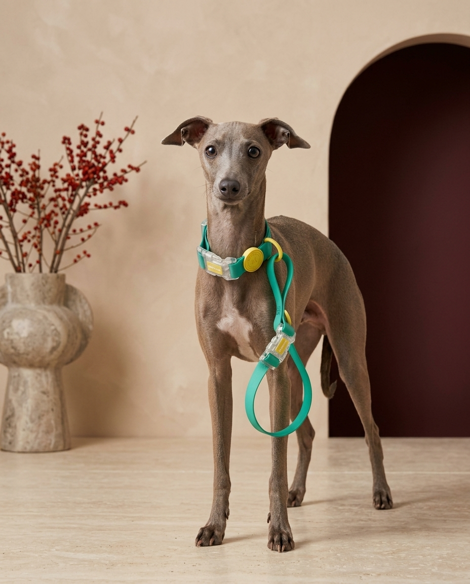 Italian Greyhound wearing the Iggy Grey waterproof collar leash set
