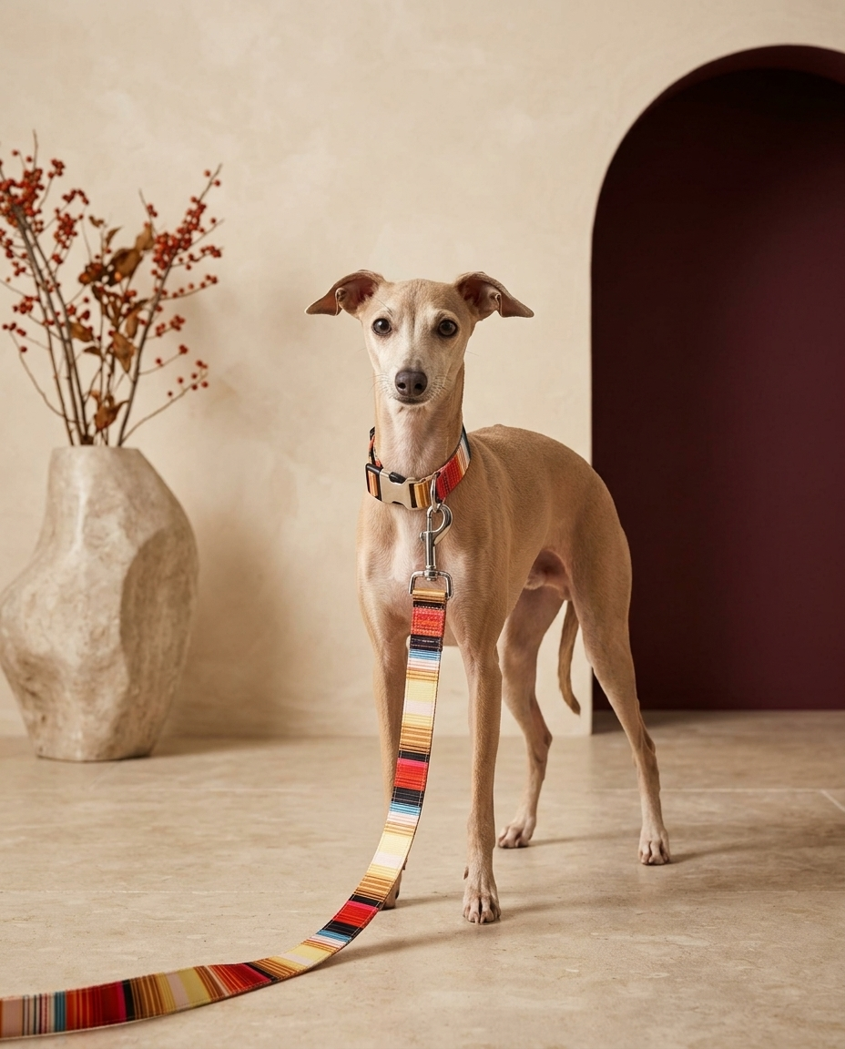 Italian Greyhound wearing the Iggy Grey geopattern collar and leash duo