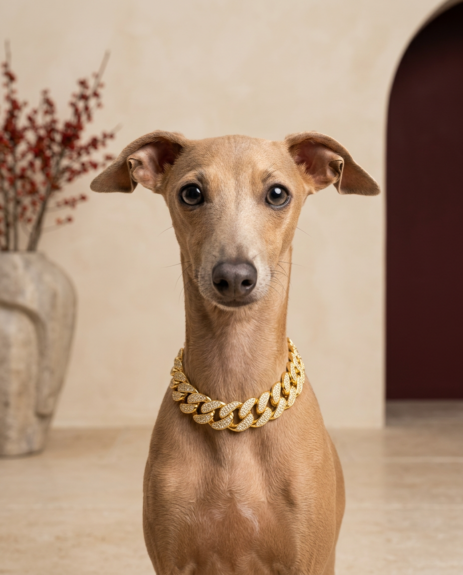 Italian Greyhound wearing the Iggy Grey diamond inlay collar necklace