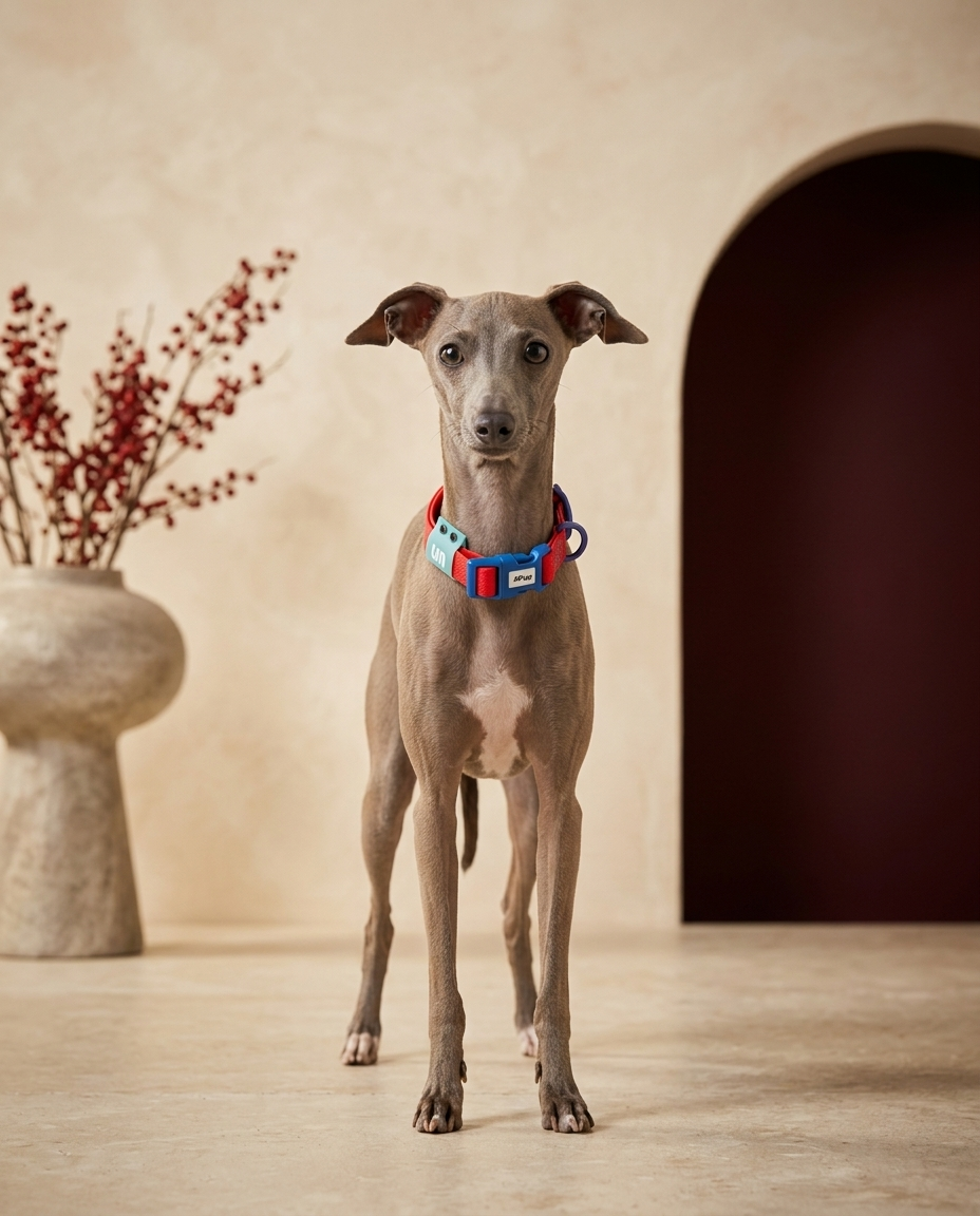 Italian Greyhound wearing the Iggy Grey reflective waterproof collar