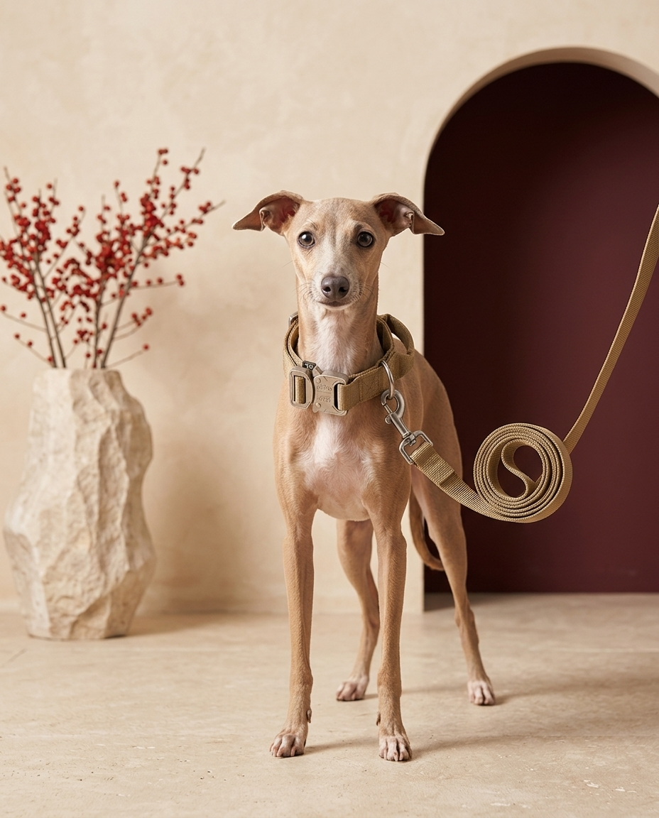 Italian Greyhound wearing the Iggy Grey tactical collar leash set