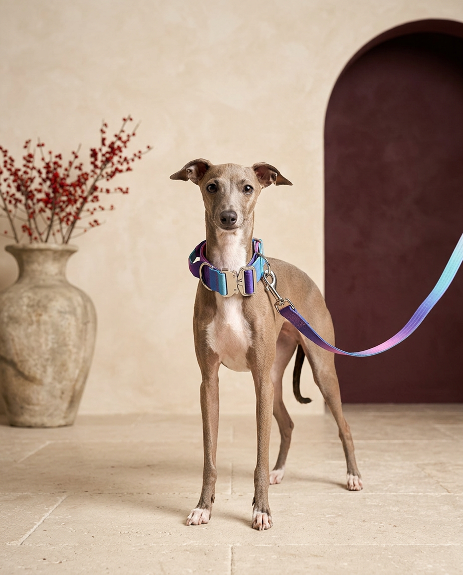 Italian Greyhound wearing the Iggy Grey gradient collar leash set