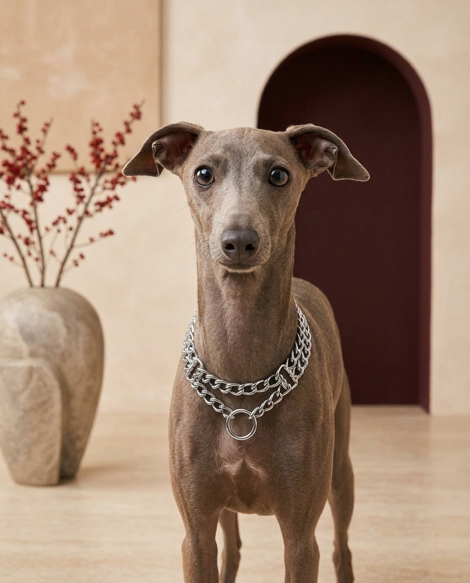 Italian Greyhound wearing the Iggy Grey triple Cuban chain collar