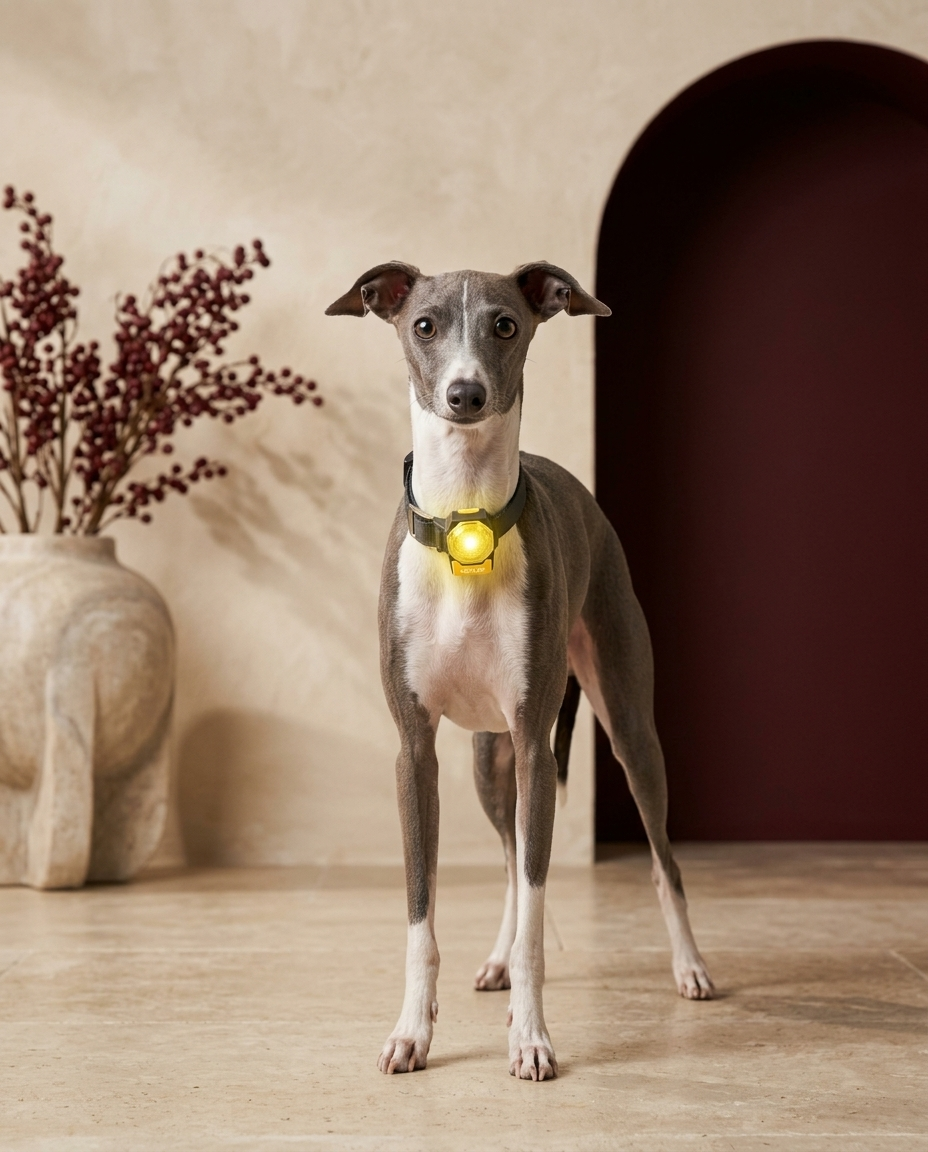 Italian Greyhound wearing the Iggy Grey rechargeable LED walking collar