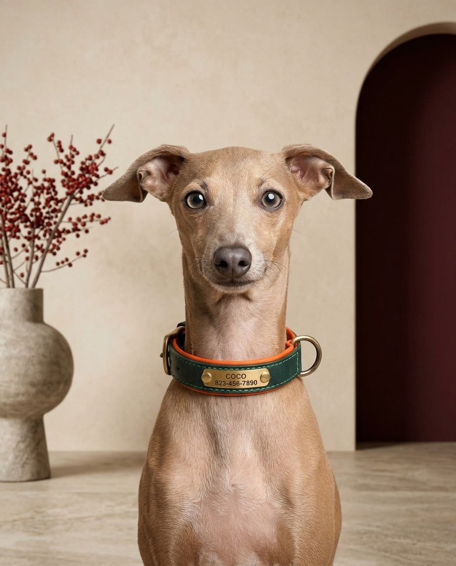 Italian Greyhound wearing the Iggy Grey PU leather engraved collar