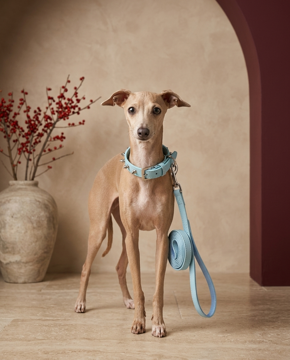 Italian Greyhound wearing the Iggy Grey punk style collar leash set