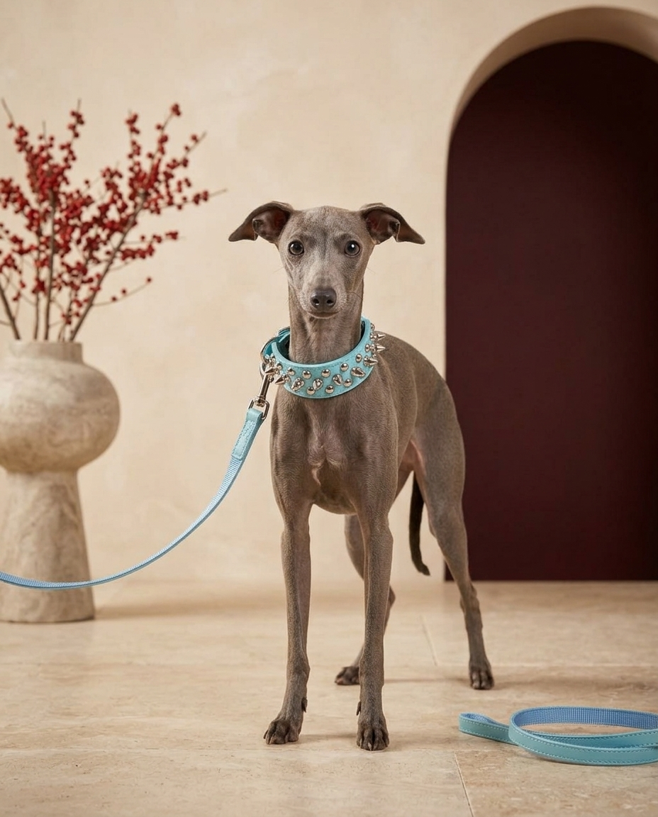Italian Greyhound wearing the Iggy Grey spiked leather collar leash set