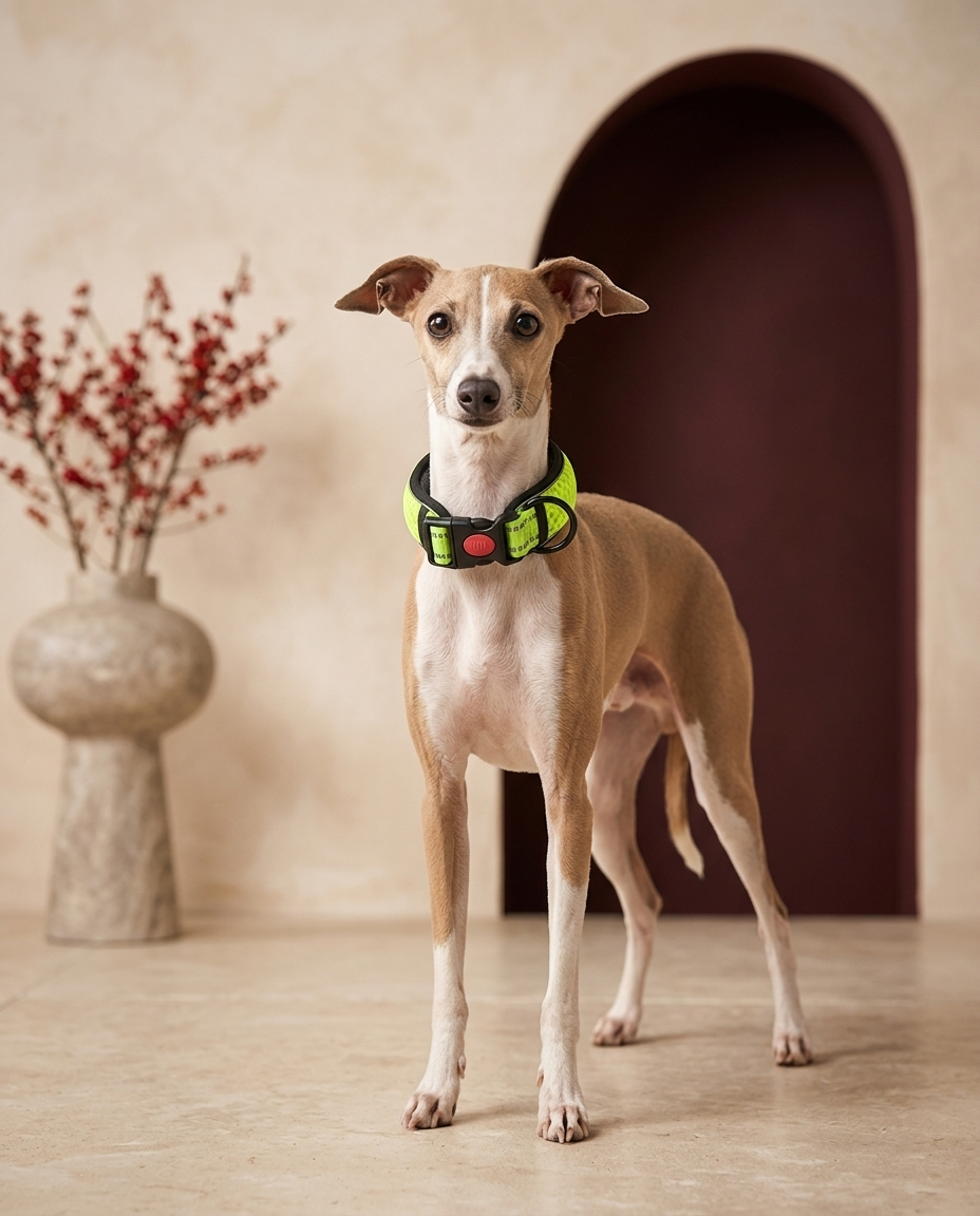 Italian Greyhound wearing the Iggy Grey reflective no-pull collar