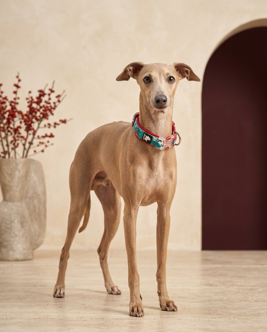 Italian Greyhound wearing the Iggy Grey cotton padded floral collar