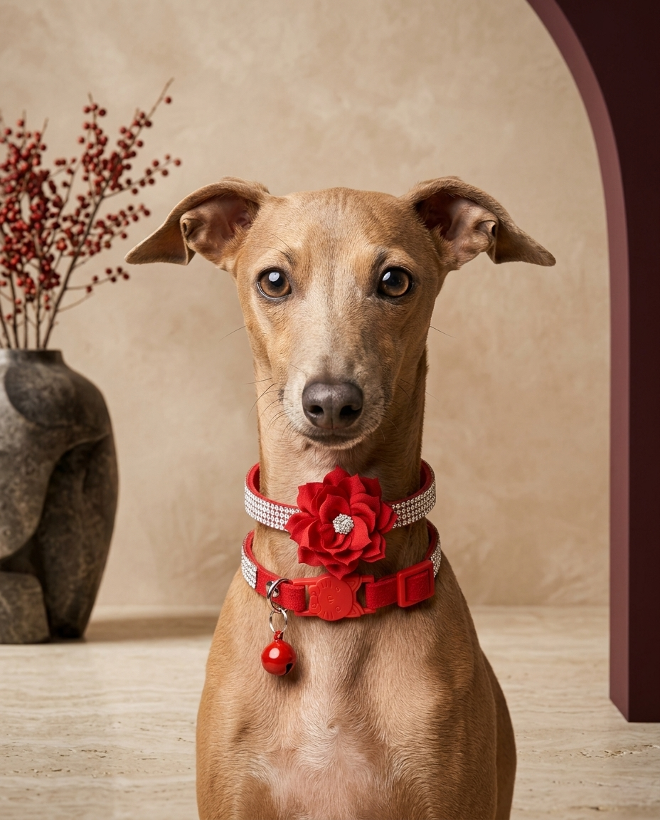 Italian Greyhound wearing the Iggy Grey rhinestone flower collar with bell